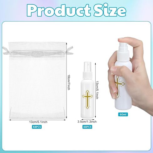 48 PCS 2 أوقية زجاجات المياه المقدسة الكاثوليكية البلاستيك البلاستيك المقدس الحاويات الفارغة مع أكياس أورجانزا لأحداث الكنيسة معمودية معمودية الحزب in Kuwait
