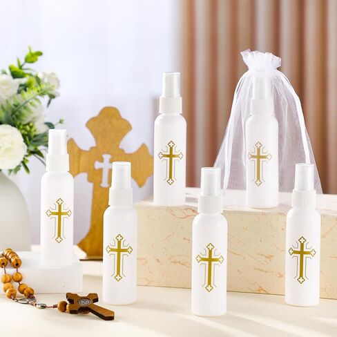 48 PCS 2 أوقية زجاجات المياه المقدسة الكاثوليكية البلاستيك البلاستيك المقدس الحاويات الفارغة مع أكياس أورجانزا لأحداث الكنيسة معمودية معمودية الحزب in Kuwait
