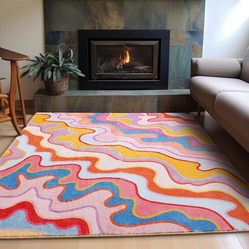 Colorful Abstract 5x7 Area Rug Ultra Thin Light Weight Funky Aesthetic Colorful Striped Living Room Rug Orange Blush Washable Carpet for Kitchen Entryway Bedroom Dining Room Dorm Office in Kuwait