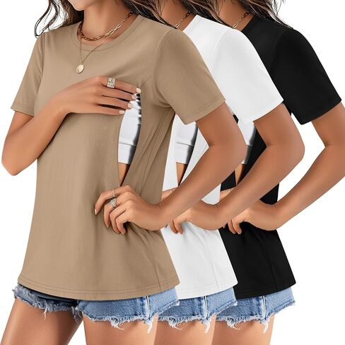 3 Pack Women's Nursing Shirts | Breastfeeding Zippers, Loose Fit, Short Sleeve, Maternity Tops, Pregnancy Clothes, Nursing, Hospital, Daily Wear in Saudi Arabia