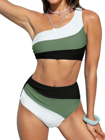 CUPSHE Women's Bikini Sets Two Piece Swimsuit High Waisted One Shoulder Color Block Ruched Asymmetrical in Saudi Arabia