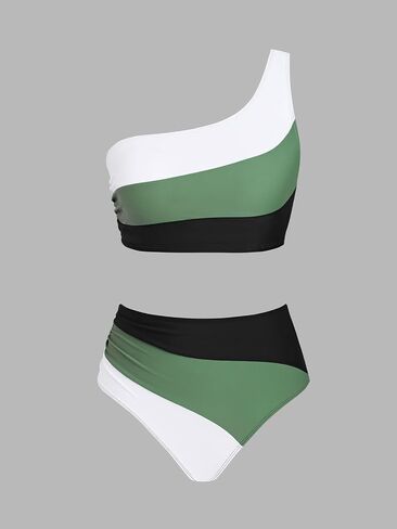 CUPSHE Women's Bikini Sets Two Piece Swimsuit High Waisted One Shoulder Color Block Ruched Asymmetrical in Saudi Arabia