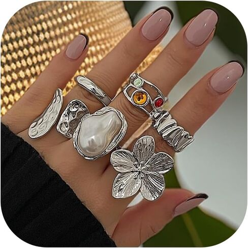 6Pcs Chunky Gold Rings for Women Non Tarnish Flower Rings for Women Stackable Open Finger Ring Sets Vintage Knuckle Statement Ring Jewelry in Saudi Arabia