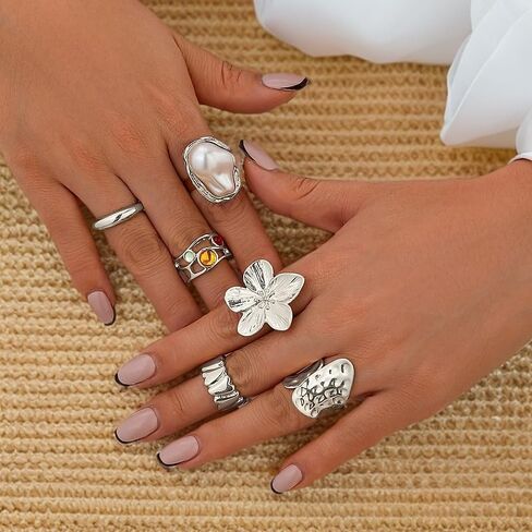 6Pcs Chunky Gold Rings for Women Non Tarnish Flower Rings for Women Stackable Open Finger Ring Sets Vintage Knuckle Statement Ring Jewelry in Saudi Arabia