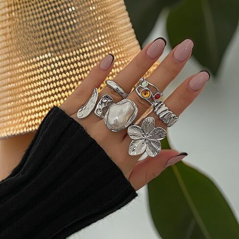 6Pcs Chunky Gold Rings for Women Non Tarnish Flower Rings for Women Stackable Open Finger Ring Sets Vintage Knuckle Statement Ring Jewelry in Saudi Arabia
