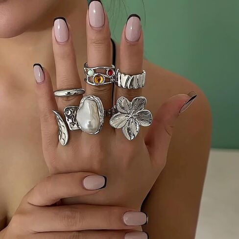 6Pcs Chunky Gold Rings for Women Non Tarnish Flower Rings for Women Stackable Open Finger Ring Sets Vintage Knuckle Statement Ring Jewelry in Saudi Arabia