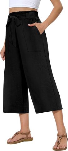 Womens Wide Leg Capri Pants Summer High Waisted Pants Drawstring Casual Loose Trousers with Pockets in Saudi Arabia