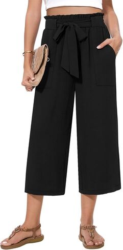Womens Wide Leg Capri Pants Summer High Waisted Pants Drawstring Casual Loose Trousers with Pockets in Saudi Arabia