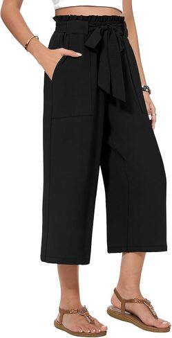 Womens Wide Leg Capri Pants Summer High Waisted Pants Drawstring Casual Loose Trousers with Pockets in Saudi Arabia