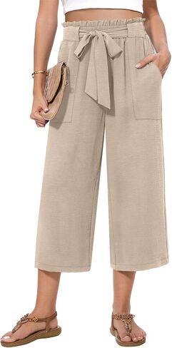 Womens Wide Leg Capri Pants Summer High Waisted Pants Drawstring Casual Loose Trousers with Pockets in Saudi Arabia
