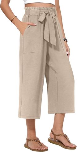 Womens Wide Leg Capri Pants Summer High Waisted Pants Drawstring Casual Loose Trousers with Pockets in Saudi Arabia