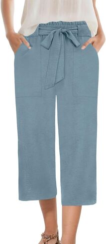 Womens Wide Leg Capri Pants Summer High Waisted Pants Drawstring Casual Loose Trousers with Pockets in Kuwait