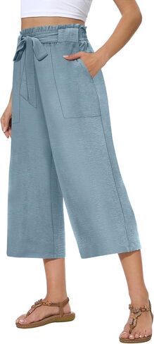 Womens Wide Leg Capri Pants Summer High Waisted Pants Drawstring Casual Loose Trousers with Pockets in Kuwait