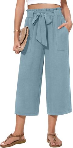 Womens Wide Leg Capri Pants Summer High Waisted Pants Drawstring Casual Loose Trousers with Pockets in Kuwait