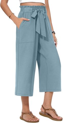 Womens Wide Leg Capri Pants Summer High Waisted Pants Drawstring Casual Loose Trousers with Pockets in Kuwait