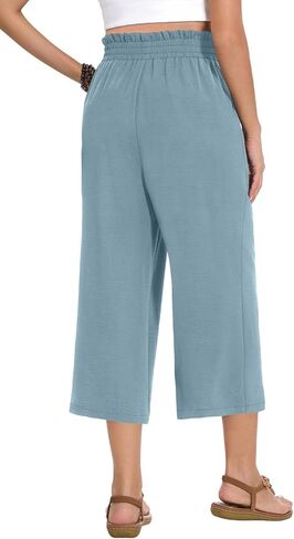 Womens Wide Leg Capri Pants Summer High Waisted Pants Drawstring Casual Loose Trousers with Pockets in Kuwait