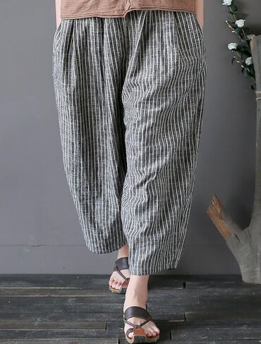Laovanln Women's Linen Pants Summer Casual Loose Harem Pant Elastic Waist Wide Leg Baggy Trousers with Pockets in Saudi Arabia
