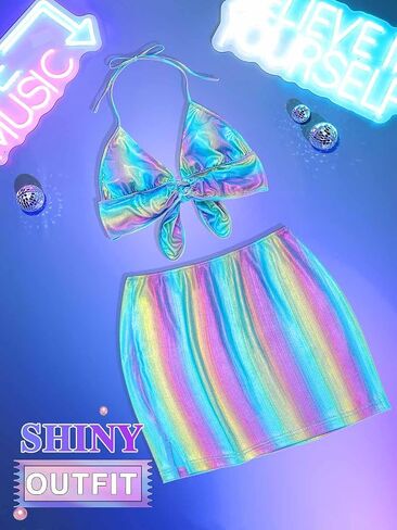 TWINKLEDE Shiny Outfit 2Pcs Metallic Mini Skirt Glitter Halter Bra Top Nightclub Party Clothing Set for Women in Saudi Arabia
