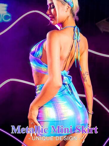 TWINKLEDE Shiny Outfit 2Pcs Metallic Mini Skirt Glitter Halter Bra Top Nightclub Party Clothing Set for Women in Saudi Arabia