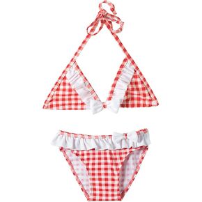 Mud Kingdom Beach Sport Swimsuit for Little Girls Ruffle Plaid Bow Knot Halter with Pleated Hem Bottom Bikini Set 2 Piece Red and White Check Size 7-8
