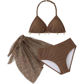 MakeMeChic Girl's Bikini Sets Seashell Halter Ruched Hollow Out Swimsuit with Beach Sarong