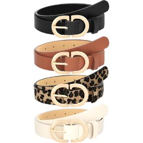 YARIEW 4 Pack Leopard Belts for Women Leather Belts for Jeans Pants Ladies Dress Belt Waist Belt with Gold Buckle