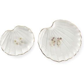Home Décor Shell Ring Dish,Jewelry Dish Tray Set of 2,BirthDay Christmas Gifts for Women,White Ceramic With Gold