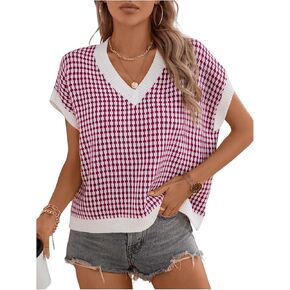MakeMeChic Women's Striped Vest Tops Knit Sleeveless Sweater Tank Top Red and White Large