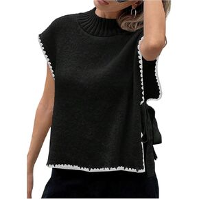 Verdusa Women's Bow Tie Side Mock Neck Sweater Vest Coquette Split Sleeveless Knit Tops