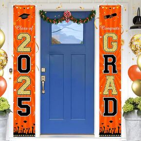 Class of 2025 Graduation Decorations for Party, Porch Banner 2025, Congrats GRAD Door Sign, Outdoor & Indoor, Blue and Gold Hanging Banner with Graduation Elements– Large 70.9"x11.8"