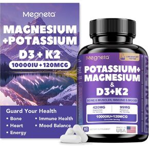 Magnesium Potassium Vitamin D3 K2 10000IU Supplement - Supports Bone, Heart, Immune Health, Mood Balance & Energy for Women & Men - Enhanced Absorption, Non-GMO - 60 Capsules