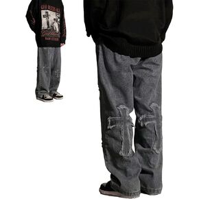 Baggy Jeans Men Cross Patch Y2K Cargo Pants Denim Skateboard Baggy Pants Hip Hop Jeans Streetwear