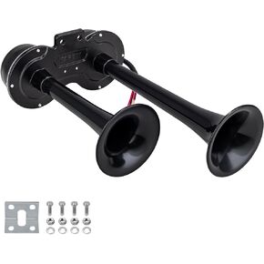طقم قرن القطار Universal Horning Horns Care Carns Dual Trumpet 130dB قرون الهواء الصاخبة الفائقة لأي سيارات 12 فولت شاحنات/لوري/قطارات/قوارب/سيارات/سيارات الدفع الرباعي/الالتقاط/لعبة الجولف ، سبيكة الألومنيوم+ABS （أسود）