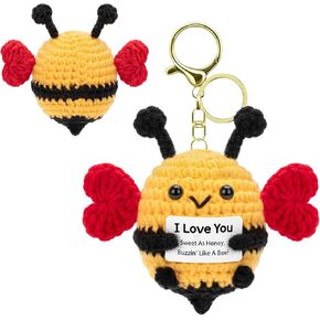 Positive Bee Keychain Hand-Knitted Crochet Bee with Wings Inspirational Gift for Women Birthday Valentine's Day