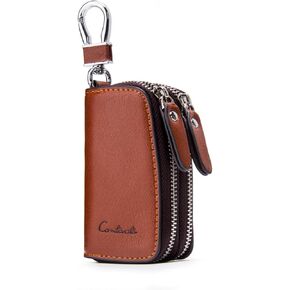 Contacts-Genuine Leather Car Key Keychain Holder Metal Hook and Keyring Zipper