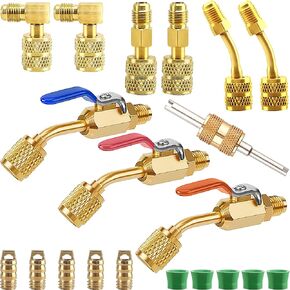 20 Pcs Air Conditioning Refrigerant Angled Compact Ball Valve 1/4 Inch Kit with Refrigerant Adapter for R410A R134A R12 R22 Refrigerants Mini Split System