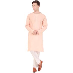 Mens Indian Casual Cotton Kurta Pajama Set - Pink - Crew Neck