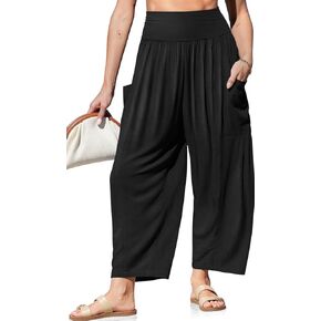 TARSE Womens Linen Wide Leg Pants Casual Loose Elastic Waist Beach Travel Vacation Palazzo Harem Pants with Pockets