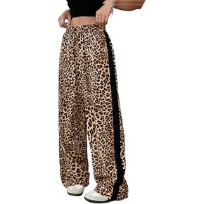 GORGLITTER Women's Y2K Leopard Print Pants Elastic Waist Wide Leg Street Long Trousers with Pockets