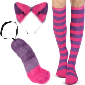 Eurzom Striped Cat Costume for Women, Cat Ears, Furry Tail, Cheshire Striped Socks for Mardi Gras Carnival Halloween Cosplay