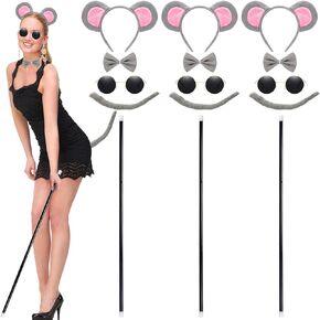 3 Set Halloween Mouse Costume Accessories Mouse Theme Costume Set Mouse Headband Tail Bow Tie Round Sunglasses Blind Cane for Halloween Party Favors Accessories Multi