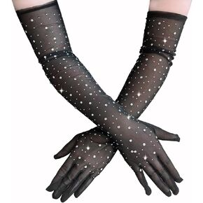 Rhinestone Gloves,Sparkly Gloves,Glitter Glove Formal Evening Opera Dress Accessories,Bridal Prom Pageants,Sheer Glove for Weddings Parties Proms Halloween Costumes,Black