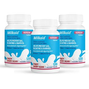 Milkaid Lactase Enzyme Chewable Tablets for Lactose Intolerance Relief | Prevents Gas, Bloating & Diarrhea | Fast Acting Dairy Digestive Supplement (120 Tablets, Cherry)