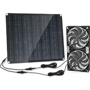 Solar Panel Fan kit, 30W Solar Powered Fan with Dual IPX7 Waterproof Fans for Outside Chicken Coops, Greenhouses, Sheds, Intake or Exhaust Air Fan
