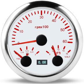 WATERWICH 85mm 7-Color 3-in-1 Meter Tachometer 6000 RPM + Fuel Gauge + Voltmeter (White Plate Silver Cover)
