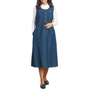 AmeriMark Women's Denim Pintuck Jumper Dress with Adjustable Ties, Button-Front Placket, Side Pockets, 100% Cotton