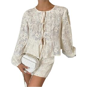WDIRARA Women's 2 Piece Set Textured Tie Front Lantern Sleeve Blouse Shorts Outfits