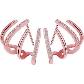 Claw Cuff Earrings for Women, Cubic Zircon Needle Stud, Half Hoop Looks Like 4 Gold Hoops (A-Rose Red)