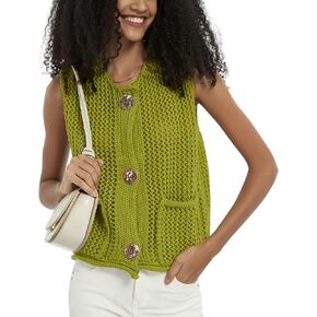 Women's Cropped Knit Cardigan Vest Casual Sleeveless Button Down Open Front Sweater Vest with Pockets