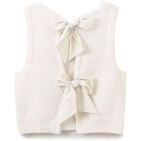 Women Cute Crew Neck Bow Tie Back Sweater Vest Solid Sleeveless Open Back Crop Knitted Tank Top Fall Streetwear
